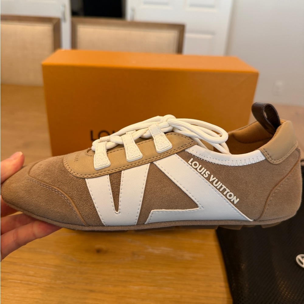 THRIFTEDLouis Vuitton Men's Tan and White Sneakers - Picture 3 of 7